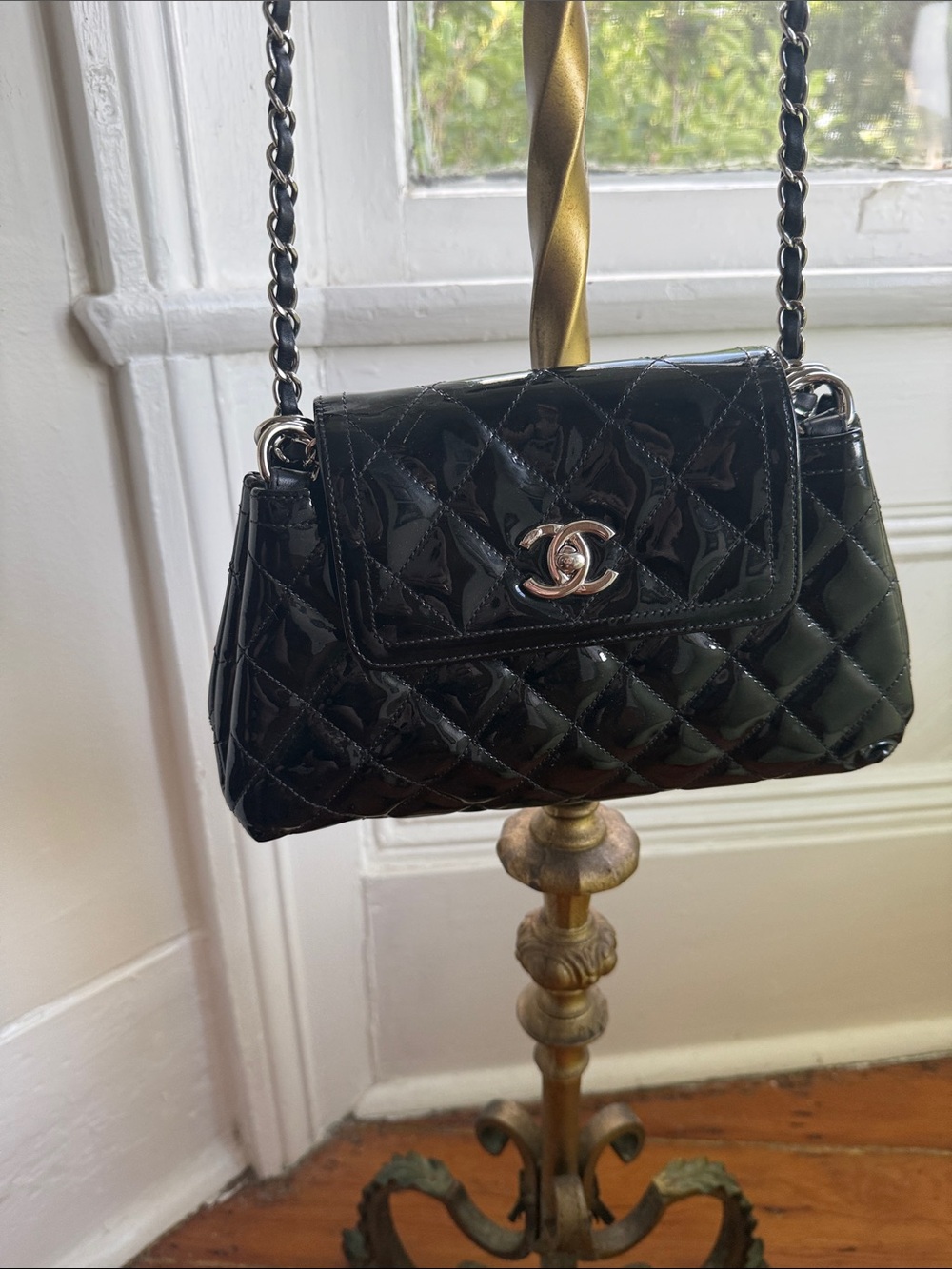 CHANEL Quilted Patent Coco Shine Large Accordion Shoulder Bag with Chain Strap